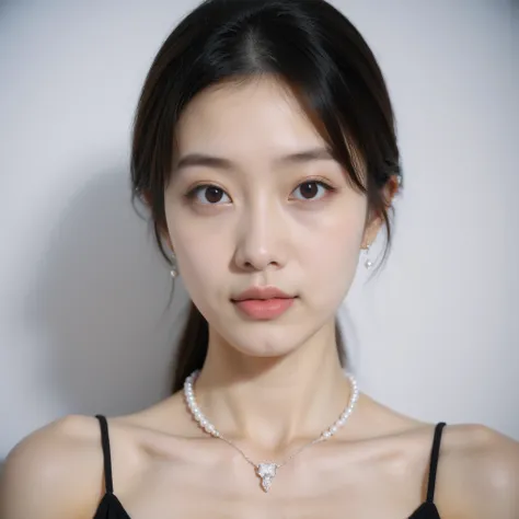 Ultra-fine， HD，Portrait of an extremely beautiful asian girl， facial portrait ，Clear skin texture，Double eyelids， big eyes，The left eyebrow is the same as the right eyebrow，((( with pearl earrings ， sapphire necklace ：1.5)))，(( front view))，Facial highligh...