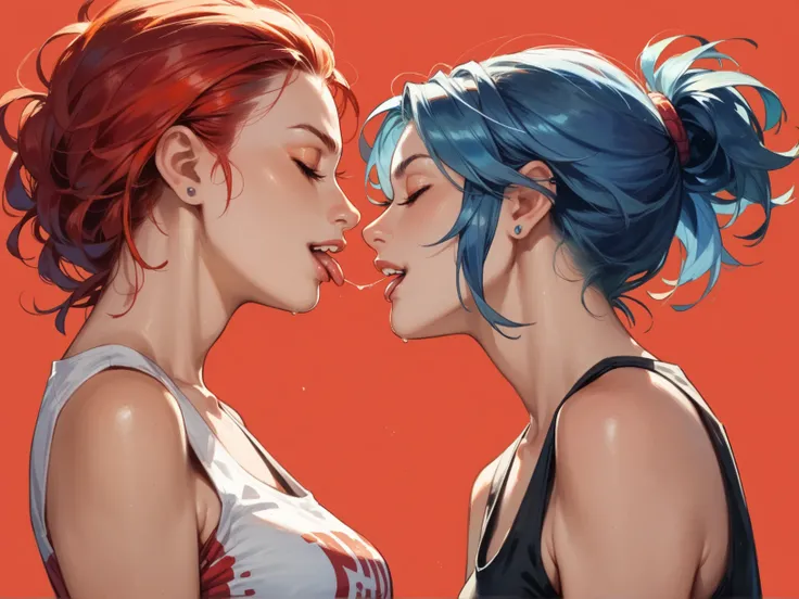 2girl, profile, blue hair, tongue out, eyes closed, tank top, orange and red tones background