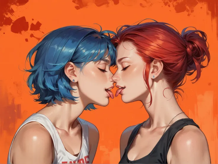 2girl, profile, blue hair, tongue out, eyes closed, tank top, orange and red tones background