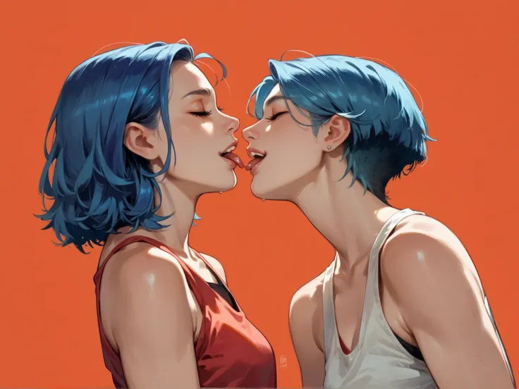 2girl, profile, blue hair, tongue out, eyes closed, tank top, orange and red tones background