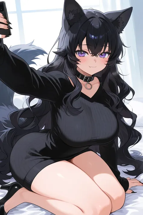 1girl, Black Hair, Very Long Hair, Wavy Hair, Black Wolf Ears, Black Wolf Tail, Blush, Light Smile, Large breasts, Large butt, Purple Eyes, wearing a super fluffy short black sweater, black heels, a black collar pet and it says "Lily Kanroji",  and 5'5 tal...