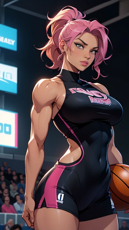 A gorgeous female basketball player,(best quality,4k,8k,highres,masterpiece:1.2),ultra-detailed,(realistic,photorealistic,photo-realistic:1.37),beautiful detailed, ((extremely powerful, extremely strong, extremely dangerous, villainess, amused, sexy, sadis...