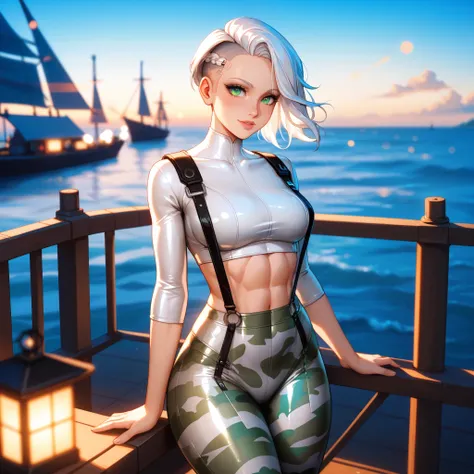 posing standing, (tight khaki camouflage leggings), suspenders harness, white latex top, big juicy boobs, juicy thighs, toned tummy, undercut braid haircut, silky white hair, beautiful expressive green eyes, dark atmosphere, pier, cyberpunk docks, ship, ni...