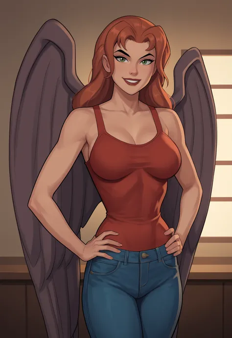 safe_pos, PonyXLV6_Scores BREAK ((retro artstyle, parody)), perfect anatomy, cowboy shot) shayera hol, wings, long hair, green eyes, flirting, raised eyebrow, ((looking at viewer)), superhero, bare shoulders, red tank top, red jeans, curvy, toned, athleti...