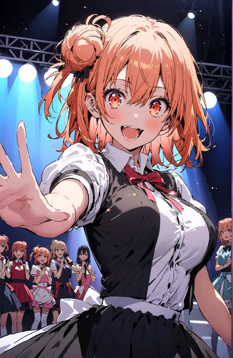 yuiyuigahama,   Yuigahama Yui  ,  short hair,  brown eyes,  orange hair,  hair bun, single  hair bun,Big Breasts,smile,blush, open your mouth, idol costume, dress,collared  dress, jacket,cropped  jacket,Short sleeve,bowtie,bow,button, above Decorati has ,(...