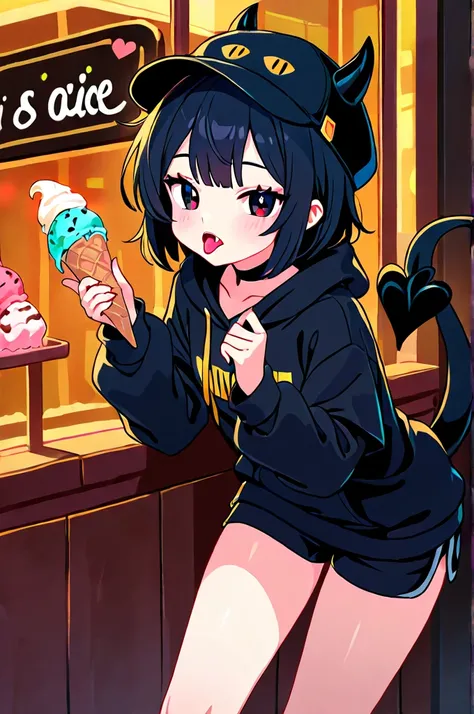 a cartoon girl in black hat and short sleeves holding a phone and ice cream cone, 1girl, shorts, solo, tongue, hat, horns, food, black shorts, tail, tongue out, holding, black hair, hoodie, holding food, black headwear, ice cream, short shorts, black hoodi...