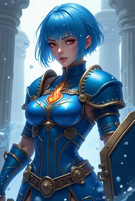 a close up of a full-bodied woman ,Full armour image from head to toe, blue suit with a hammer and a shield, an iron hammer and a large shield,  short blue hair,  portrait girl Knight of the Zodiac , pale blue armor,  Fire Emblem,  artgerm extremely detail...