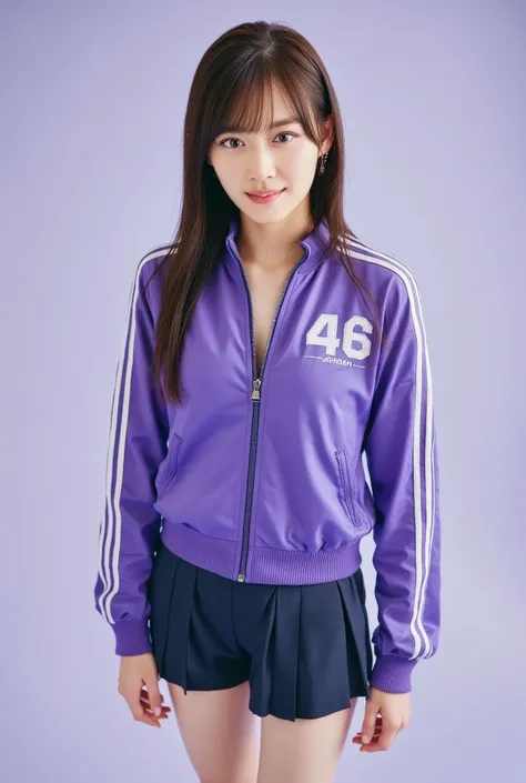 nsfw,  beautiful girl,  long hair,  wave hair,   high position ponytail ,  blue eyes, Big Breasts,  erect nipples,  slender body, ( abs),  curvy body, ( clear plastic body)、Cleavage emphasis、 gal makeup、 46 and purple tracksuit printed on left chest、(46 in...