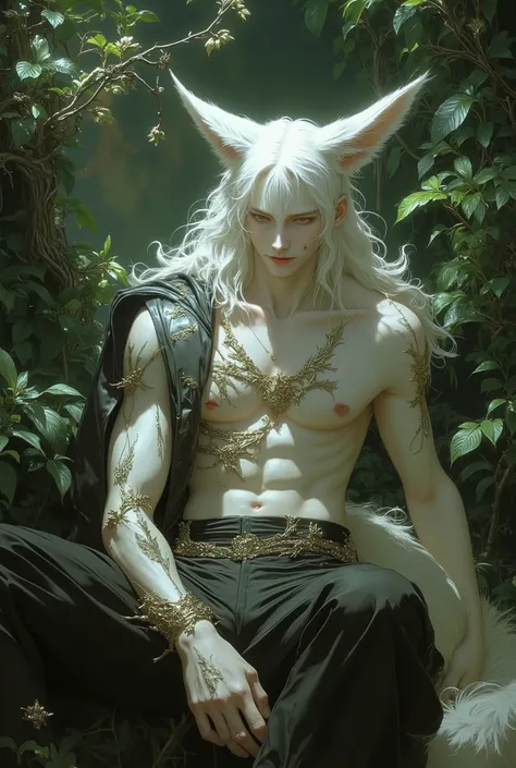 A man with long white hair, fox ears and a tail, she sits  among green plants