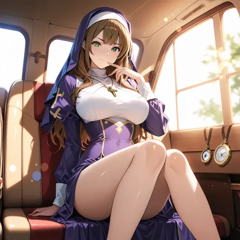  Urotsuki Doji anime art style simple white background ,  purple outfit that straddles Shota, puff sleeve,chest元 cutout, chest元,  nun,  jewelry, necklace,  long hair, brown hair,bangs,green eye,紫colorのマントを頭にかぶる,  in the seat, 20 years old, young woman, bea...