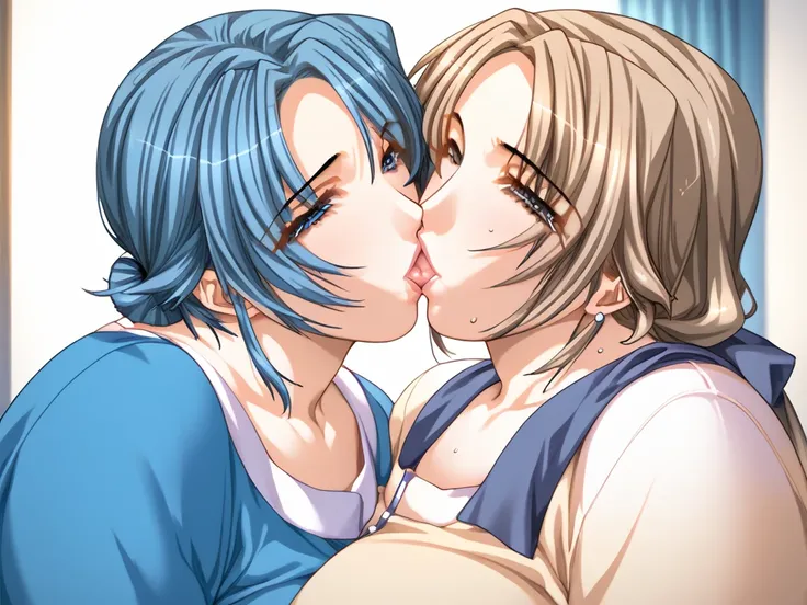 score_9, score_8_up , score_7_up ,masterpiece,source_anime　BRAKE 2 people,Mature Woman,mature,(kumagayaki, light brown hair, low ponytail, brown eyes,  Enlarged Breasts),(Satounami, blue hair,short hair,blue eyes,), kiss,