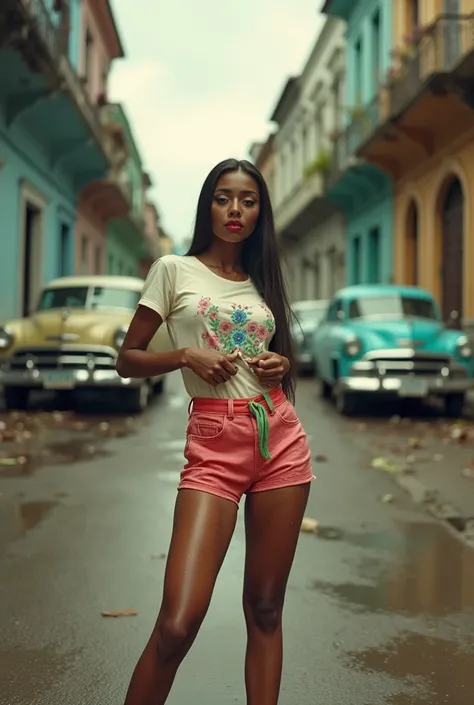 Cuban streets posing in colorful shorts and t-shirts  、　      one woman standing upright on the floor    ,          touching clothes          , 期限切れの         shot on film         ,       woman posing in front of a classic car filmed on expired film Taken w...