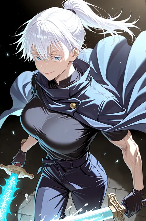 1girl, gojo satori, jujutsu kaisen, blue eyes, white eyelashes, white hair, long hair, hair between eyes, large breasts, toned body, ponytail, from above, from side, foreshortening, black gloves, Male Fantasy Clothes, cape on shoulder, blue cape, black shi...