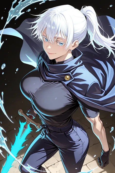 1girl, gojo satori, jujutsu kaisen, blue eyes, white eyelashes, white hair, long hair, hair between eyes, large breasts, toned body, ponytail, from above, from side, foreshortening, black gloves, Male Fantasy Clothes, cape on shoulder, blue cape, black shi...