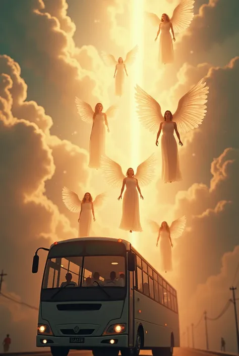 Give me an image where there are people on a bus and they go to heaven like angels 