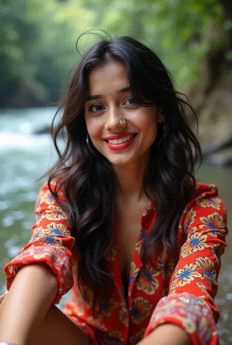 Beautiful Indian girl of 28 years old in stylish and modern printed colourful shirt, red lips big boobs sitting in river for you,red nail, smiling, salfe 