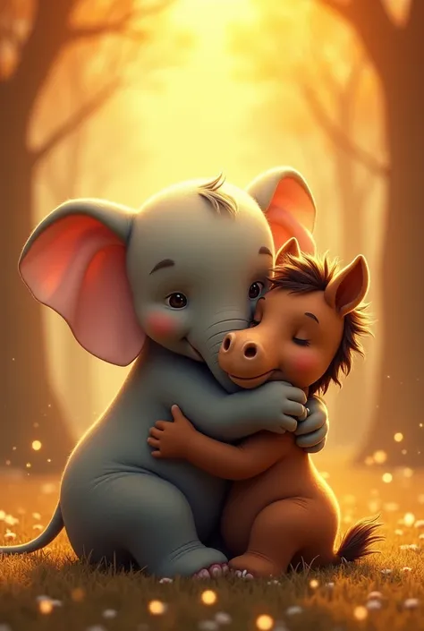 An elephant hugging a horse、 warm atmosphere 、 glowing background of salvation。caricatured style。Omitted details。