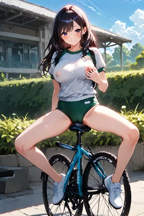   ((nipple play, nipple focus, nipple finguring masturbation ))) , (((squring))), full body,  view from front,athletic shoes、A beautiful and modest adult woman、 (((complete  competiteve buruma, GREEN BURUMA , white  gym closees ))) , (((  bicycle saddle hu...