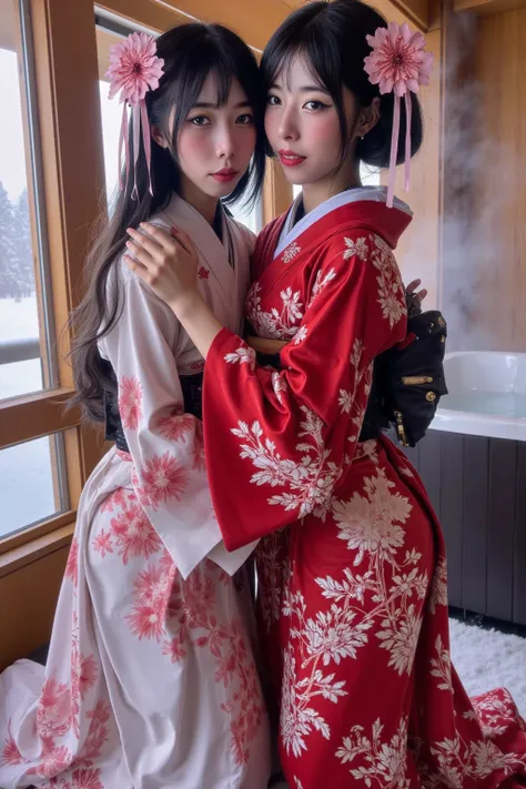 Geisha sisters (elegant hair, short fancy Japanese silk robe with intricate embroidery, cute, pale white face paint, dark makeup, bright red lip paint, white body powder) hug each other in a warm embrace, set in a relaxing lodge, steaming hot tub in adjace...