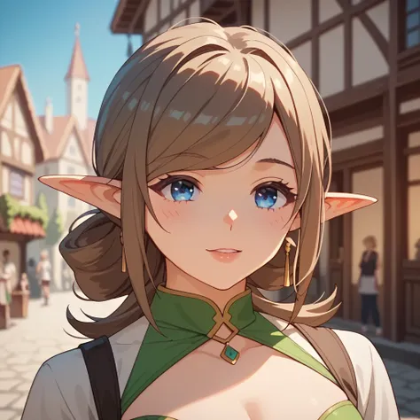  anime style、 cute、score_9, score_8_up , score_7_up , score_6_up , score_5_up , score_4_up , 1girl , brown hair, blue eyes, elf,  complicated costume, village