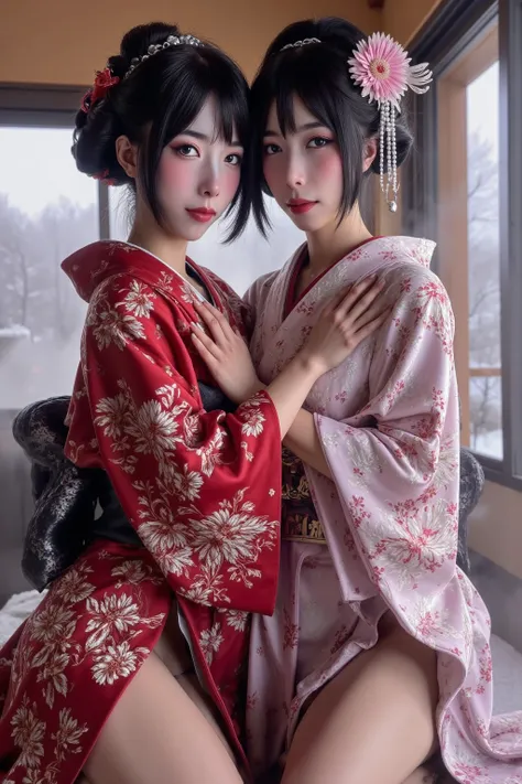 Geisha sisters (elegant hair, short fancy Japanese silk robe with intricate embroidery, cute, pale white face paint, dark makeup, bright red lip paint, white body powder) hug each other in a warm embrace, set in a relaxing lodge, steaming hot tub in adjace...