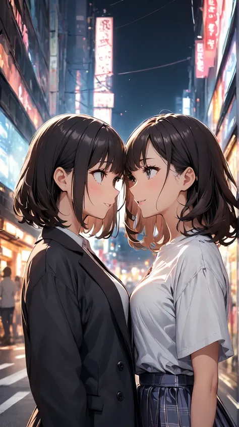   Hi-Res,  face each other,  two girls,date, Staring at Each Other ,Downtown Tokyo