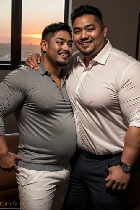 Attractive overweight Asian man 32 years old wearing a black suit and white shirt smiles at very overweight handsome 42 year old Latino man wearing a pullover and green pants. Seductive environment, purple, red, and orange sunset sky. Homoerotic 1:3. photo...