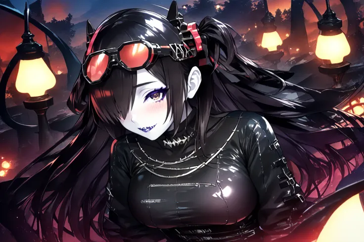 A Shark Girl  ,  Serrated smile with shark teeth    , gothic Shark girl  With shark tail and fin s , , heavy iron gate with dark forest behind it,  serroteo, red glow ,  With shark tail and fin   ,  long hair long hair  ,  and with aviation glasses on her ...