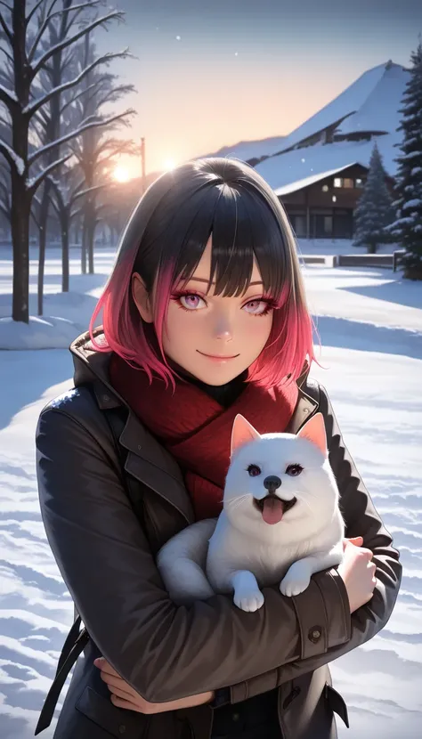 a cute girl gently hugging a small pet animal, snowy park, 1girl, beautiful detailed eyes, beautiful detailed lips, extremely detailed face, long eyelashes, adorable expression, soft smile, delicate skin, winter clothes, warm hug, small pet animal, snow-co...