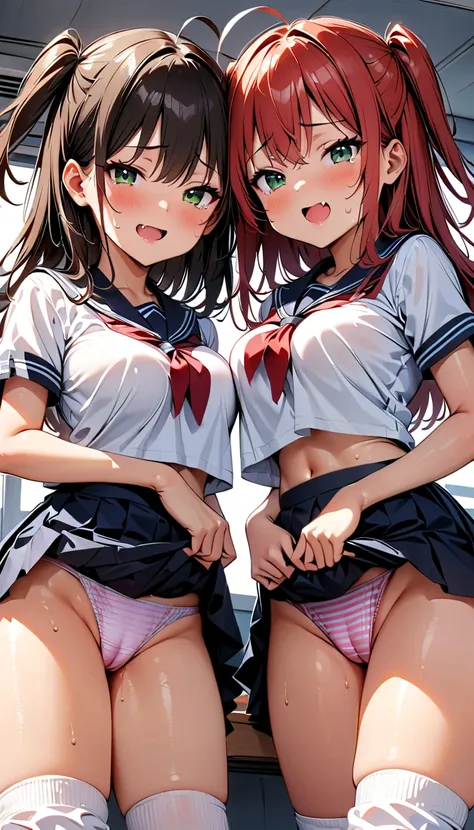 (Super shiny skin, Slender, Symmetrical_docking_3girls in a row), 10yo, (skirt lift by own hands, Navy mini skirt), midriff, Slender waist, (super shiny pink striped panties with deep borders, cameltoe), large breasts, tented shirt, sailor school uniform, ...