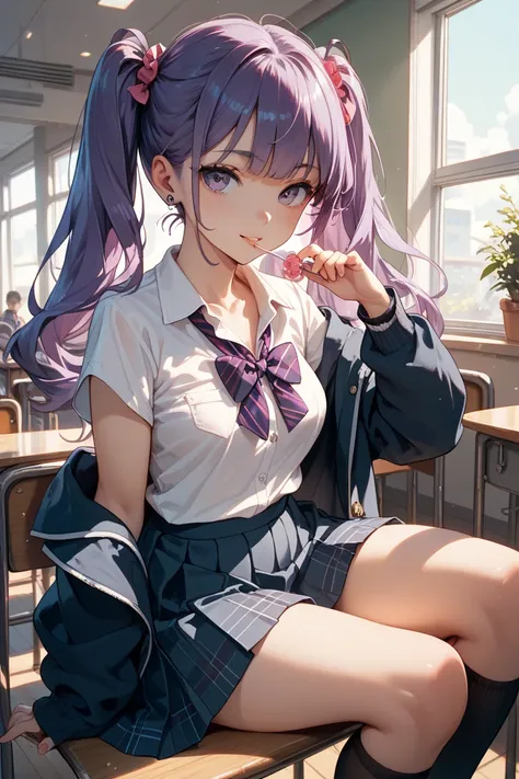 Woman in school uniform with purple hair and twin tails、