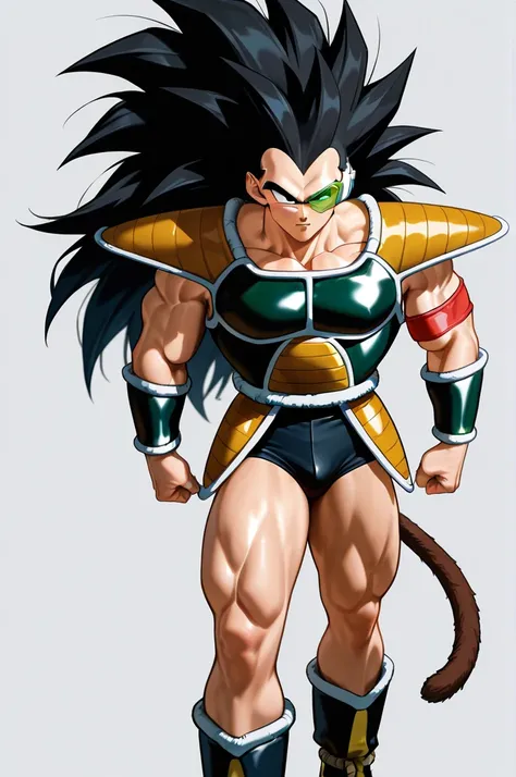 male_focus, solo,looking_at_viewer.raditz, 1boy, black hair, black eyes, very long hair, monkey tail.saiyan armor, green scouter, black briefs, shoulder armor, faulds, black vambraces, red armband, red thigh strip, black boots.Serious expression.muscular_m...