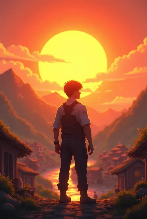 Prompt: A bright sunrise over the village, with the engineer standing in the foreground, symbolizing hope and success.

