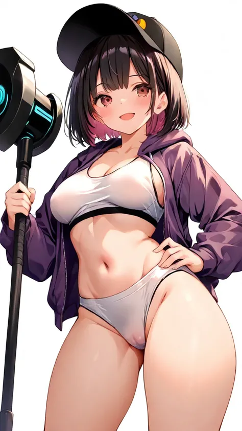 solo, ( ), ( Masterpiece),  ( anatomically correct from toe to head),  bob cut hair, ( Black and Peach Gradation Colored Hair:1.2), Thick thighs,  Fuzzy Purple Hoodie ,  white sports bra,  black spats, ( white background),  standing picture,  and laugh,  B...