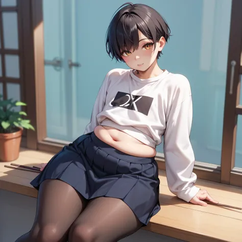 1 femboy, plump,  black very short hair ,  on legs, long skirt,  wide hips, with tummy  ,  black tights, кроссовки  on legs, white sweatshirt, the strap sticks out from the underpants