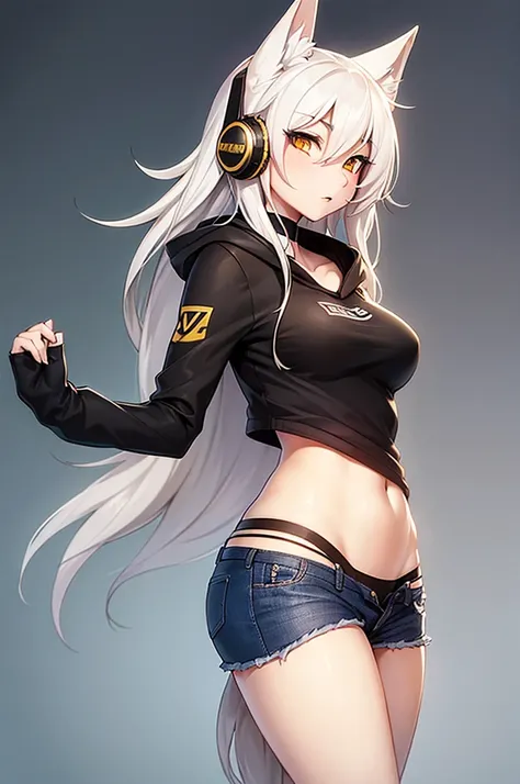 ( artwork,  top quality,  better quality,  official art ,  Beautiful and aesthetic:1.2) Uma Furry Fox Gamer, Wearing a black and gold headset ,  long white hair,  white skin,  golden eyes,  wearing a black hoodie and dark blue jeans.