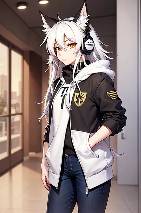 ( artwork,  top quality,  better quality,  official art ,  Beautiful and aesthetic:1.2) Uma Furry Fox Gamer, Wearing a black and gold headset ,  long white hair,  white skin,  golden eyes,  wearing a black hoodie and dark blue jeans.