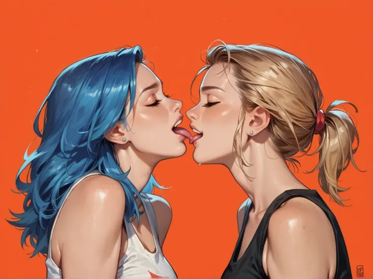 2girl, profile, blue hair, tongue out, eyes closed, tank top, orange and red tones background