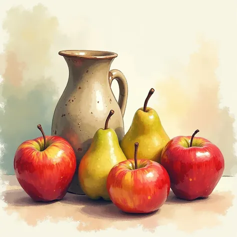 HIGH DETAIL , HD , HIGH QUALITY, 16K, SOFT WARM COLORS, SOFT LIGHT, Impasto watercolor PAINTING,apples, pears, milk jug, watercolor, clear focus, studio photo, complex details, high detail