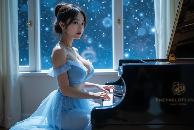  Night Sky Outside the Room Window A 20 Years Old Hairy Asian Female Star, a luxurious platform piano,Graceful piano playing angle , art style ，Epic scene ,High Angle Frontal Photography ，Smile，Light Blue Transparent Low Bust Dress Cropped Skirt ， big ches...