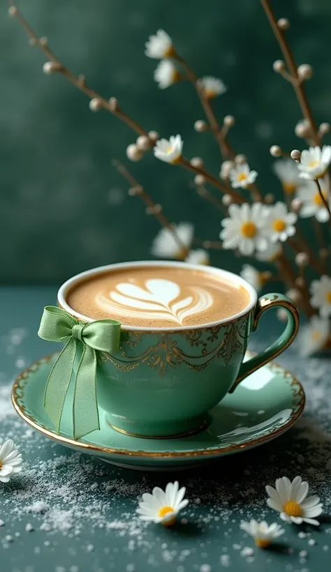  O cană roșie de cafea cu o funda mare galbene A realistic image of a small  , flat coffee cup in shades of green and air,    adorned with a lush ribbon and floral details   .     The cup has an elegant design    , with air details. El bow,    on the edge ...