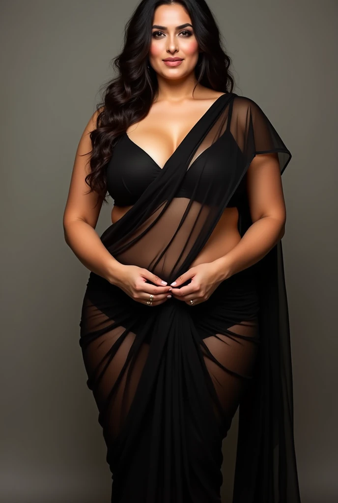 Looks like sunny leone, wearing black transparent saree, very low waist saree, showing all body, plus size figure, very curvy bellybutton,  very wide belly and thick belly,  fat body, showing big boobs , dark long hairs, looks like anushka sheety, very wid...