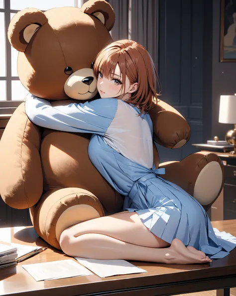 Warm embrace,  big teddy bear on table,  cowboy shot, ( Misaka Mikoto), masterpiece:1.5, masterpiece, highest quality, UHD, retina, masterpiece, accurate anatomy, super detailed, high quality, best quality, 8k