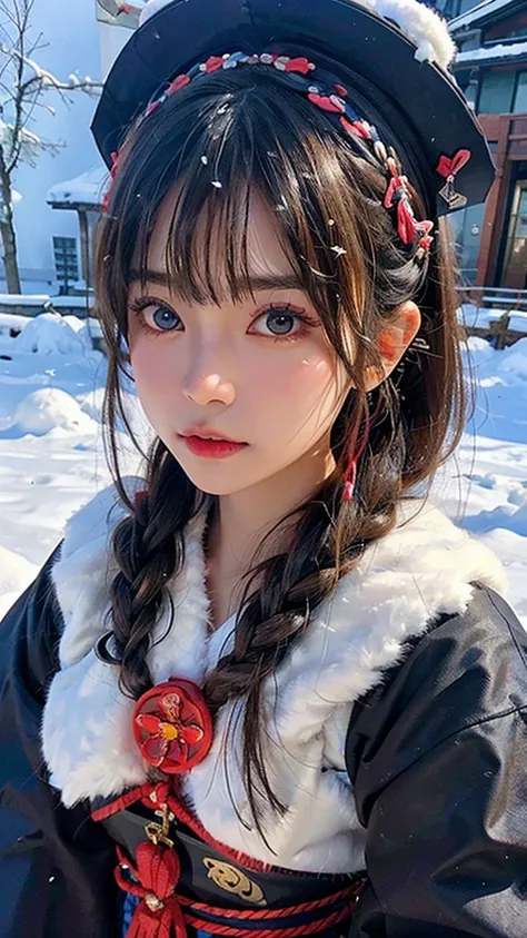 Ashipa-san、ainu girl、kawaii girl、A detailed face、Detailed eyes、Detailed skin、Detailed hair、Ultra-realistic image quality、An ultra-high picture quality、8k、Hokkaido、snowscape、