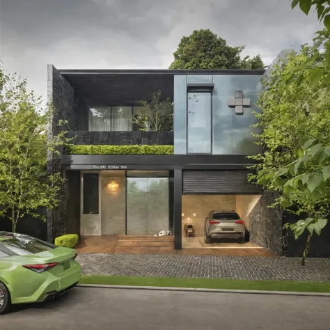 Create an image of a modern-style house with sleek lines and vibrant, dynamic colors. The house should convey a sense of luxury, featuring large glass windows, open spaces, and modern materials such as steel and natural wood