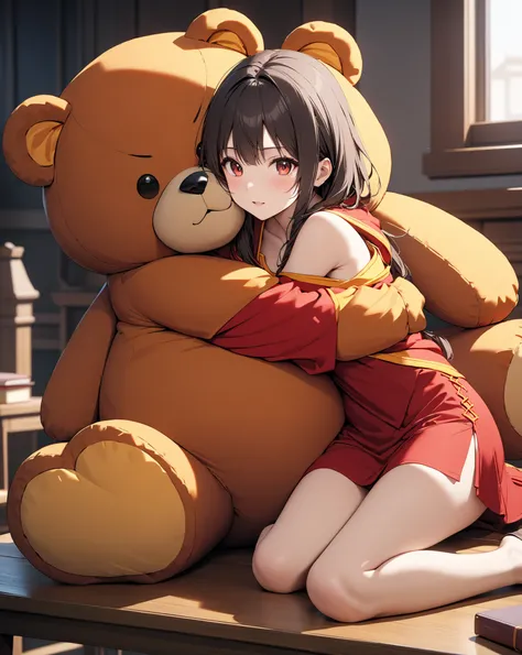 Warm embrace,  big teddy bear on table,  cowboy shot, (Megumin), masterpiece:1.5, highest quality, UHD, retina, masterpiece, accurate anatomy, super detailed, high quality, best quality, 8k