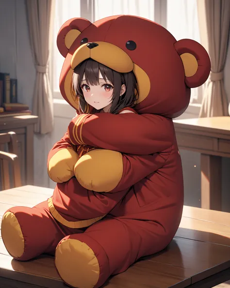 Warm embrace,  big teddy bear on table,  cowboy shot, (Megumin), masterpiece:1.5, highest quality, UHD, retina, masterpiece, accurate anatomy, super detailed, high quality, best quality, 8k