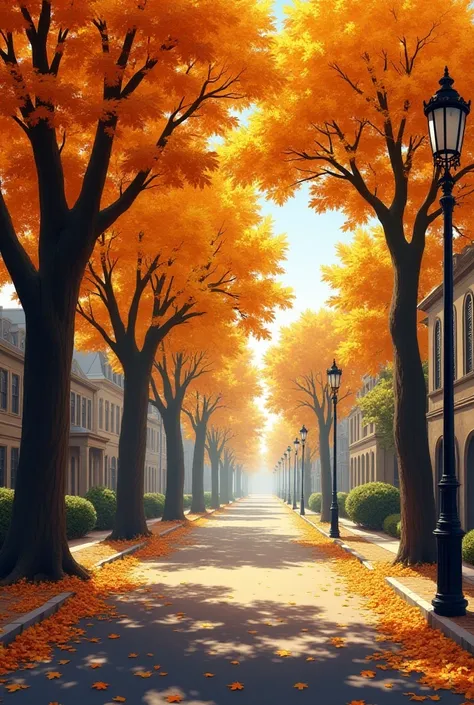 Give me a picture of a street with trees with yellow leaves 