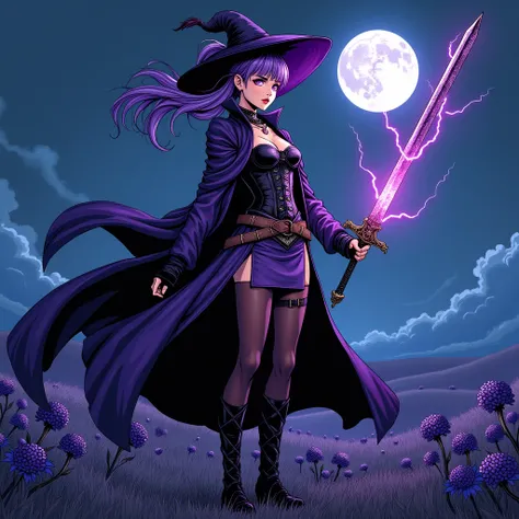 Full-body young female sorceress stands in a vast blueberry field under the night sky, wielding an ornate black thin longsword with glowing purple veins. Her piercing violet eyes radiate arcane power, yet her innocent gaze adds a mysterious contrast. Her l...