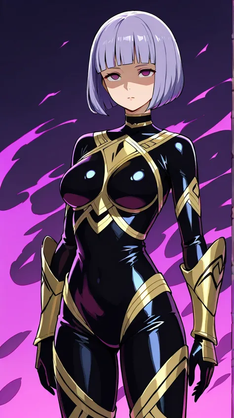 {{{Camilla (fire emblem)}}},neutral, expressionless, standing, looking at viewer, (((blunt cut, bob, blunt bangs, bob cut))), wiry, gloves, choker, cowboy shot,Shaded face, rolling eyes, no pupils, 1girl, solo, Lightpurple hair, purple eyes, black latex, s...